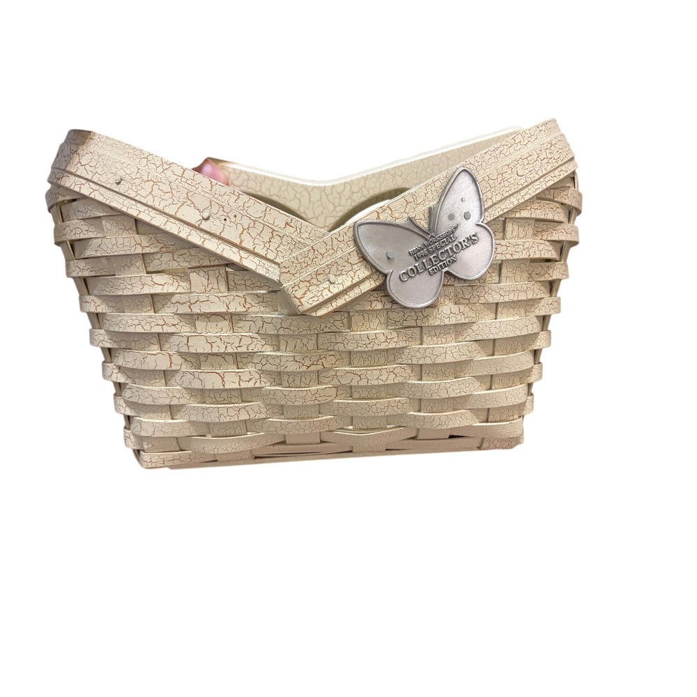 Workshops Gerald E Henn Butterfly Carrier Basket Cream CrackleFinish Signed 1998